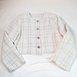 Jacket Elegant Cropped White-Golden Plaid long sleeve button-down